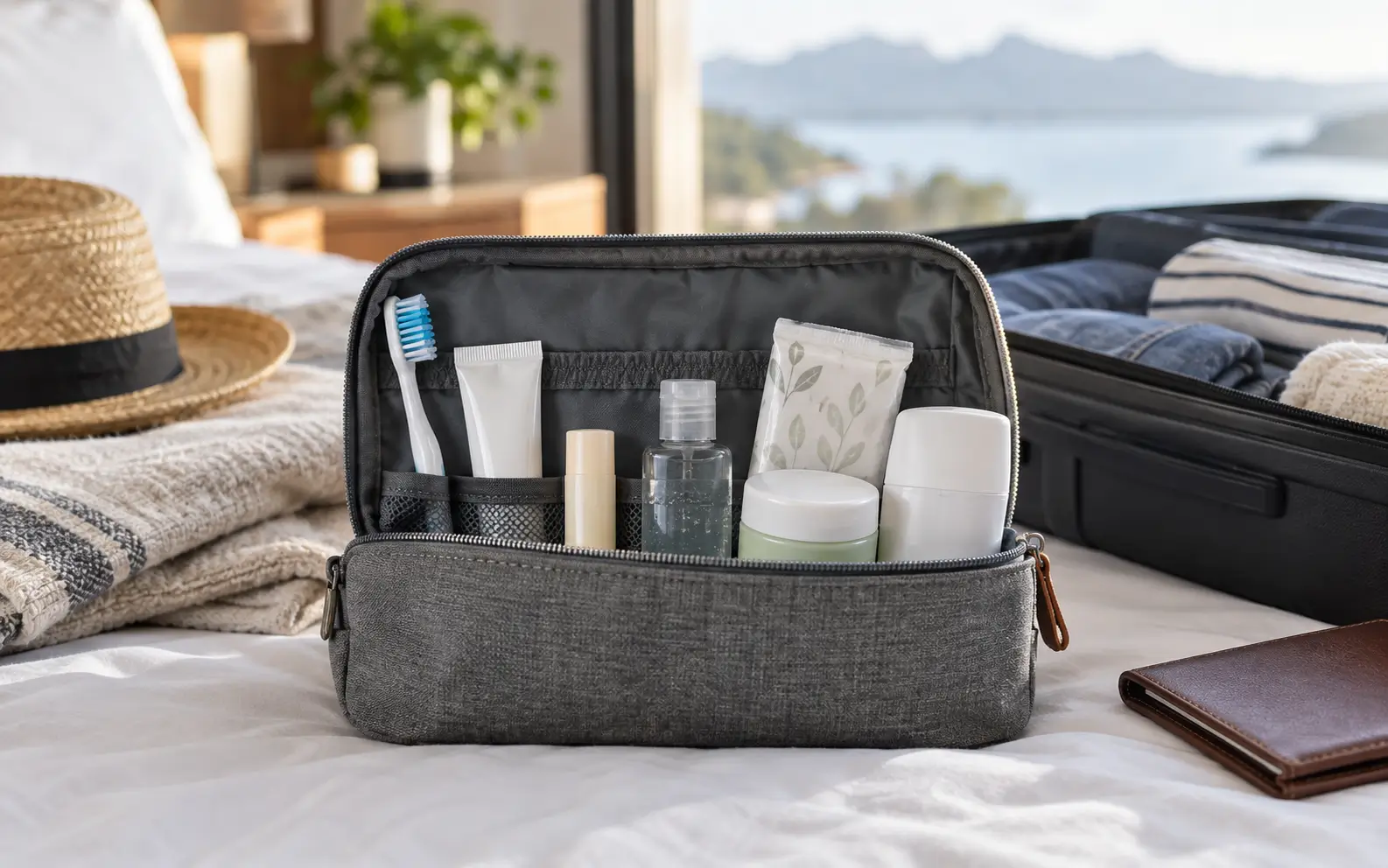 Small carry-on toiletry pouch with toothbrush, toothpaste, lip balm, sanitizer, tissues, moisturizer, and deodorant