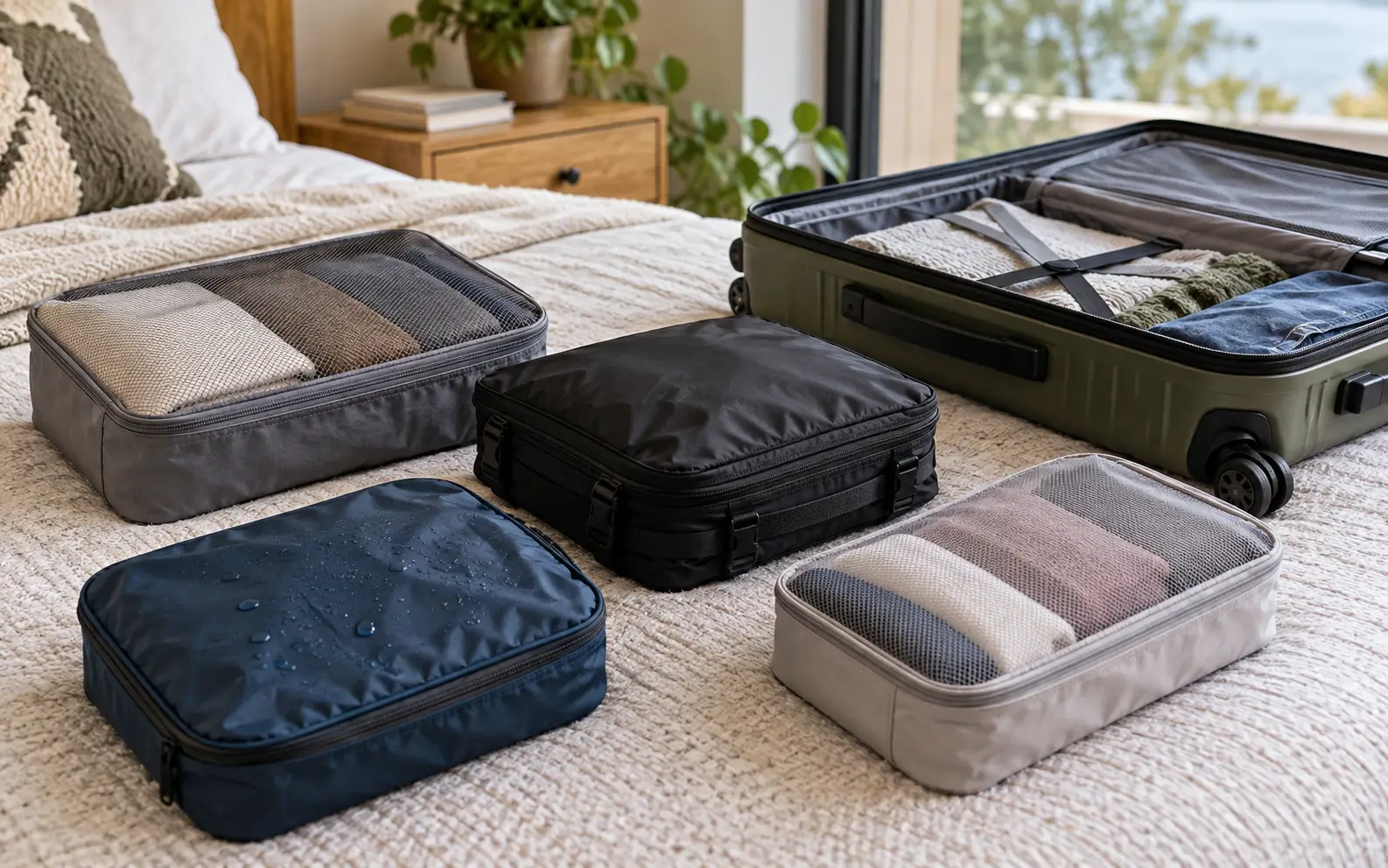 Standard, compression, waterproof, and mesh packing cubes arranged beside a suitcase