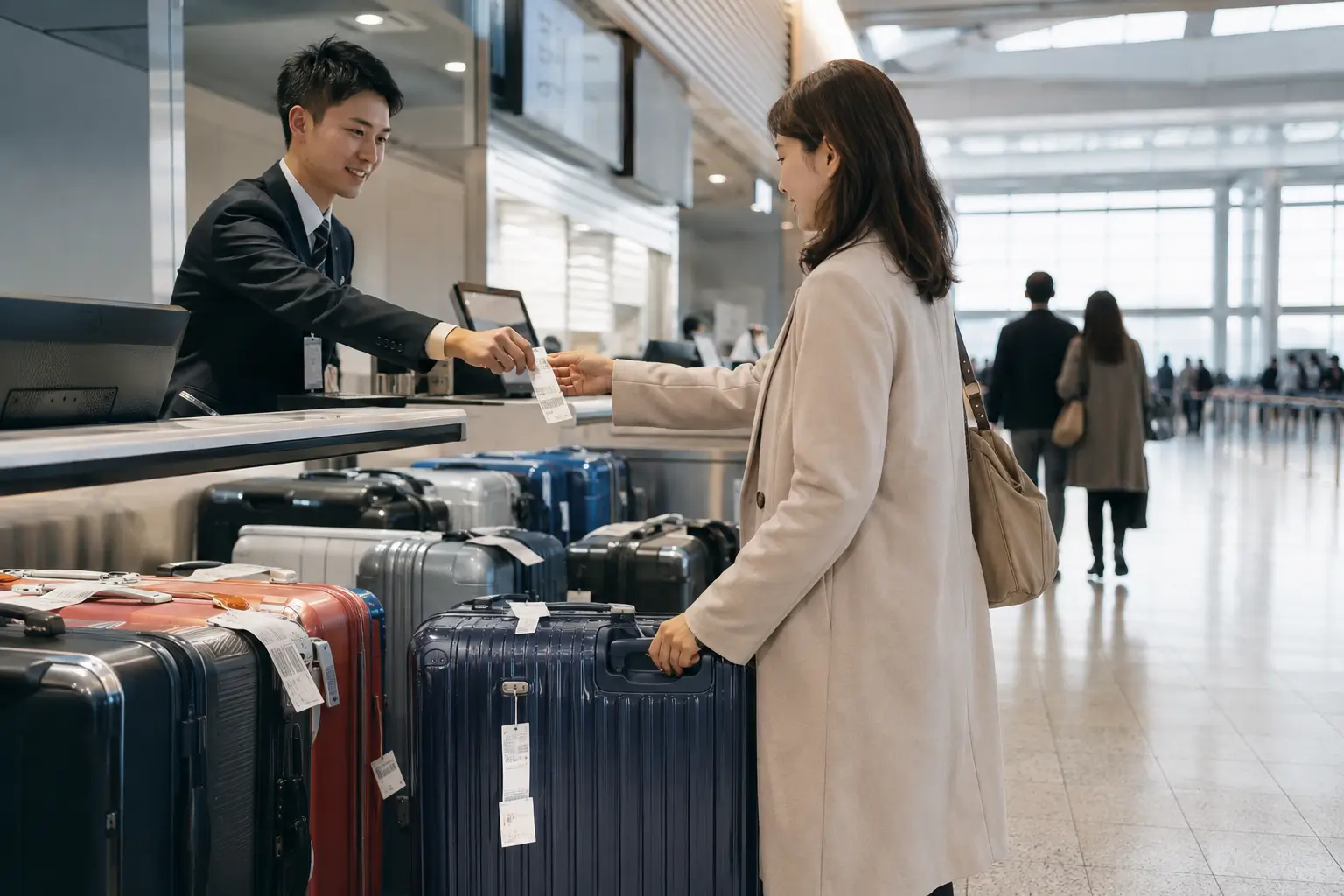 Suitcases being forwarded to a Japanese airport service counter