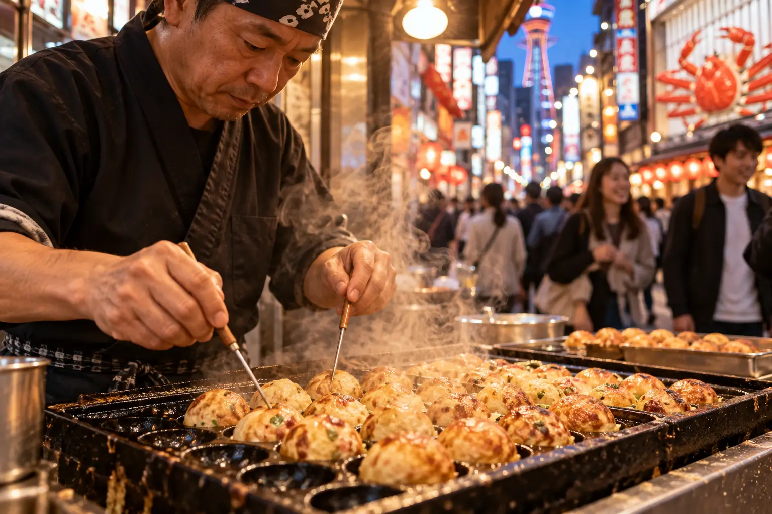 Takoyaki cooking in a lively Minami street-food lane at night