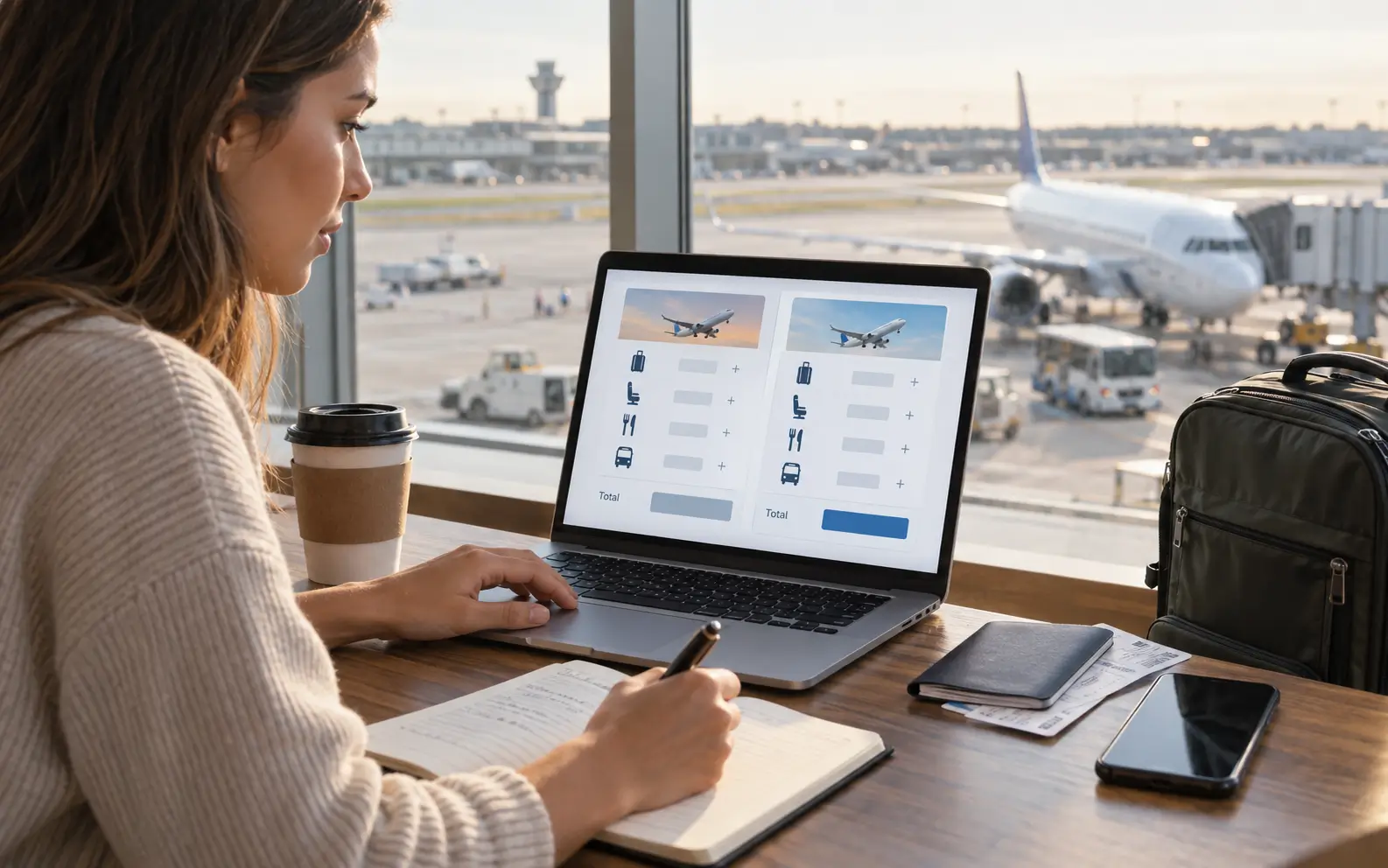 Traveler adding baggage, seat, airport transfer, and meal costs to compare the real price of two flights