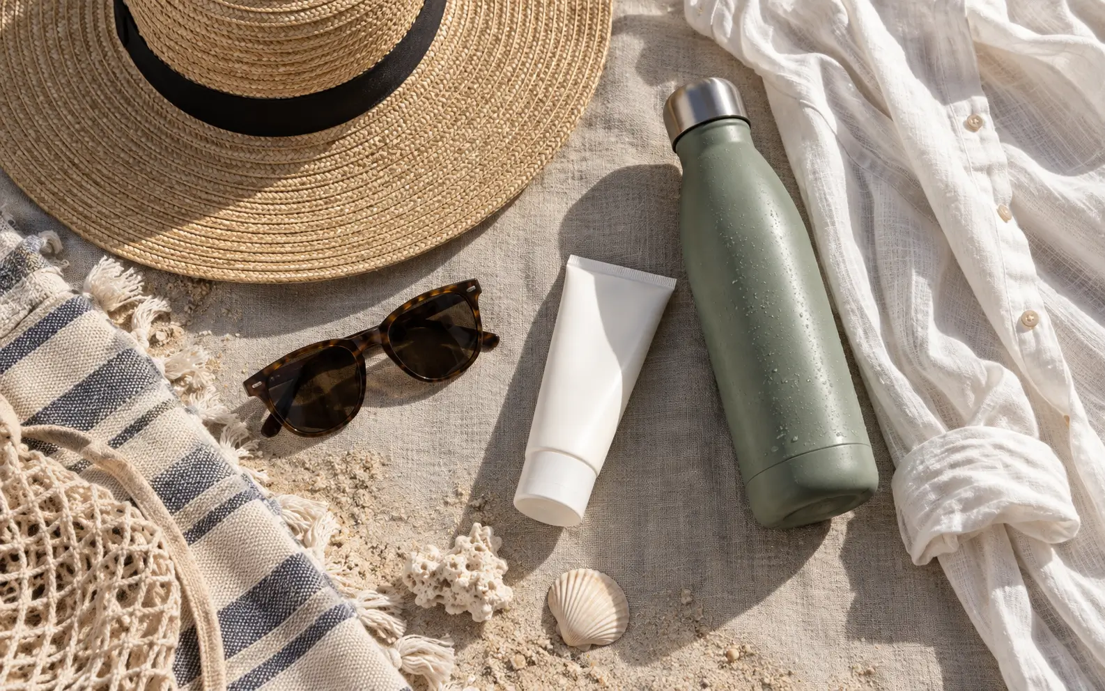 Traveler arranging sunscreen, sunglasses, hat, long-sleeve cover-up, and water bottle for a beach day