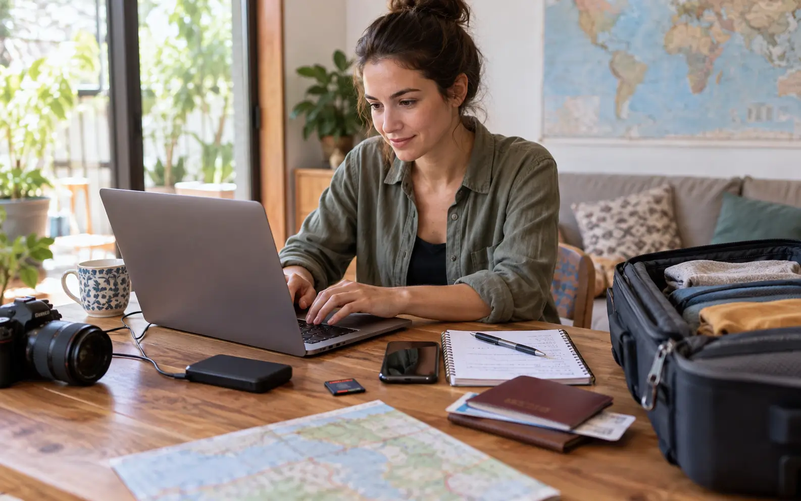 Traveler backing up photos, travel documents, and itinerary before departure