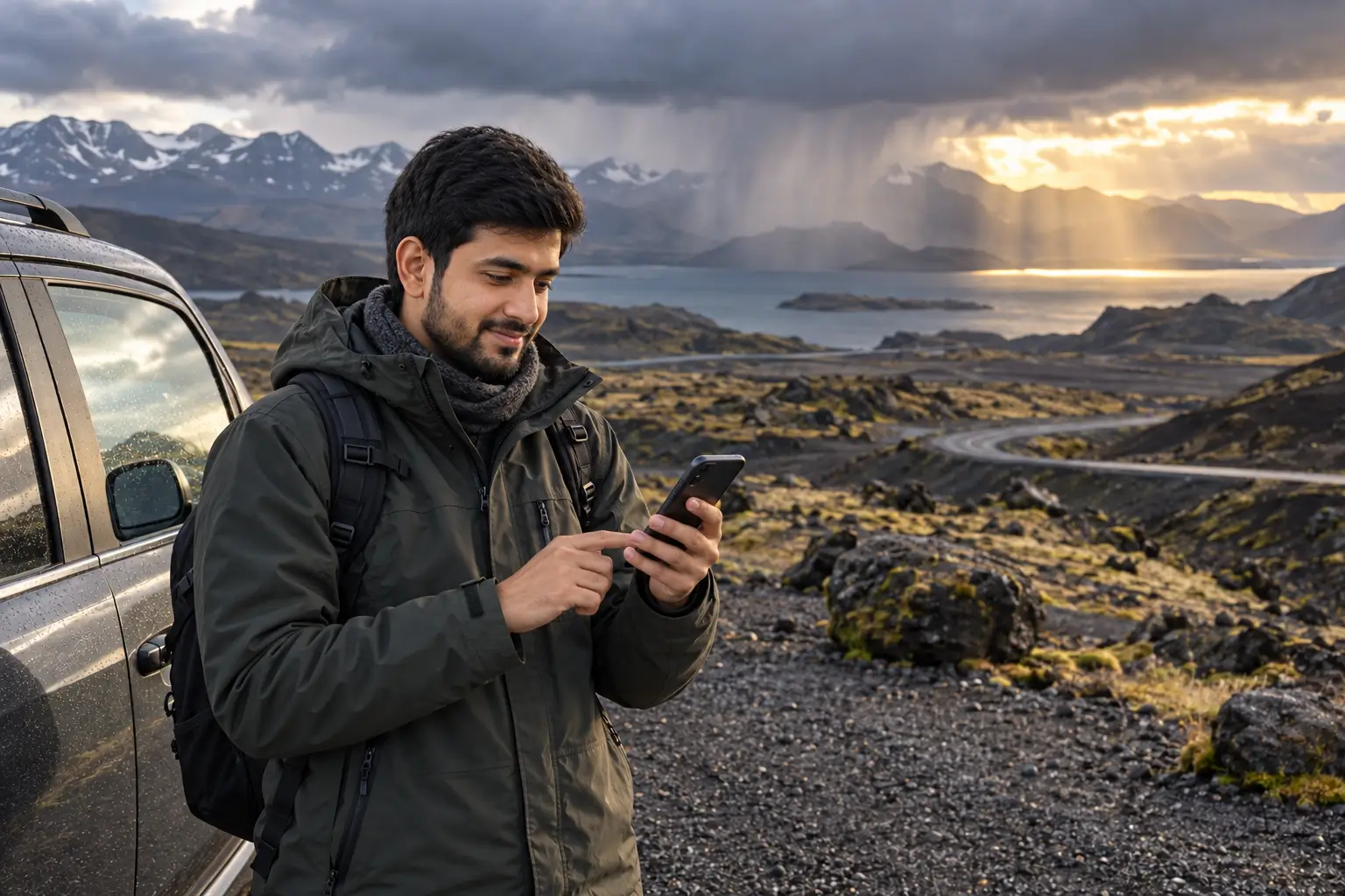 Traveler checking Iceland weather and road conditions before driving