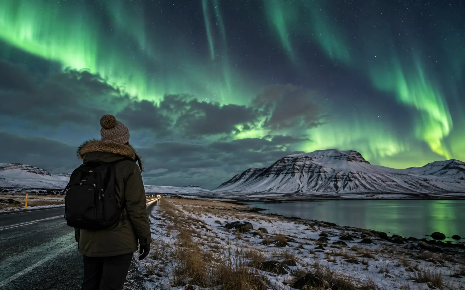 Traveler checking breaks in cloud beneath the Northern Lights in Iceland