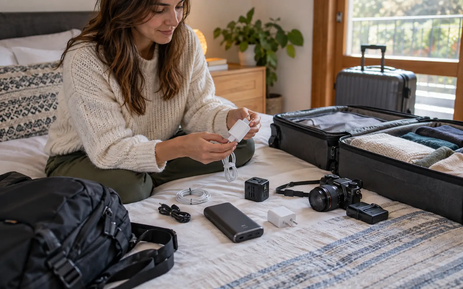 Traveler checking phone charger, cables, power bank, camera charger, and travel adapter before departure