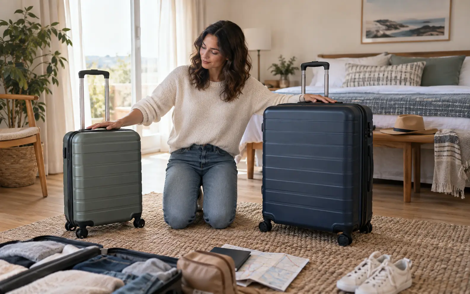 Traveler comparing a cabin suitcase with a larger checked suitcase