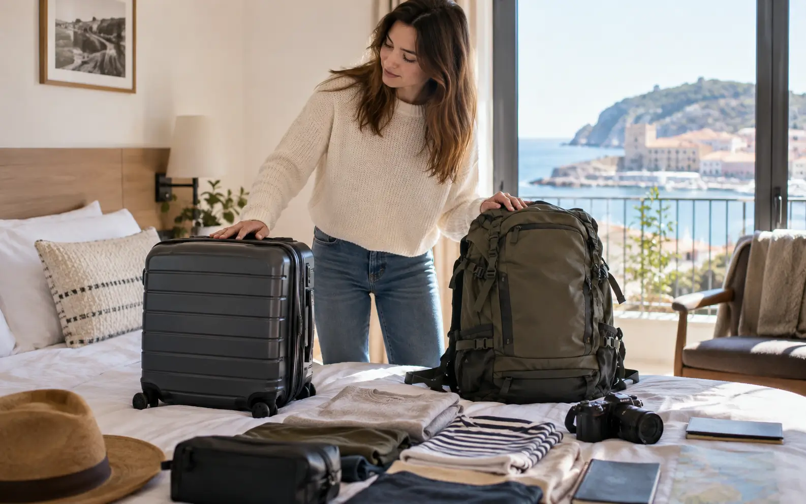 Traveler comparing a rolling suitcase with a practical travel backpack