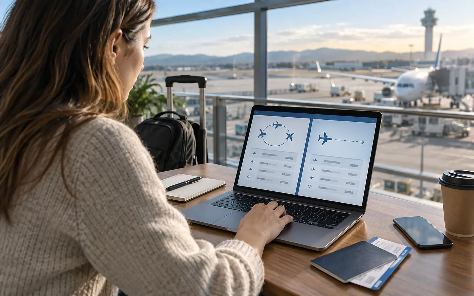 Traveler comparing a round-trip itinerary with a flexible one-way flight plan