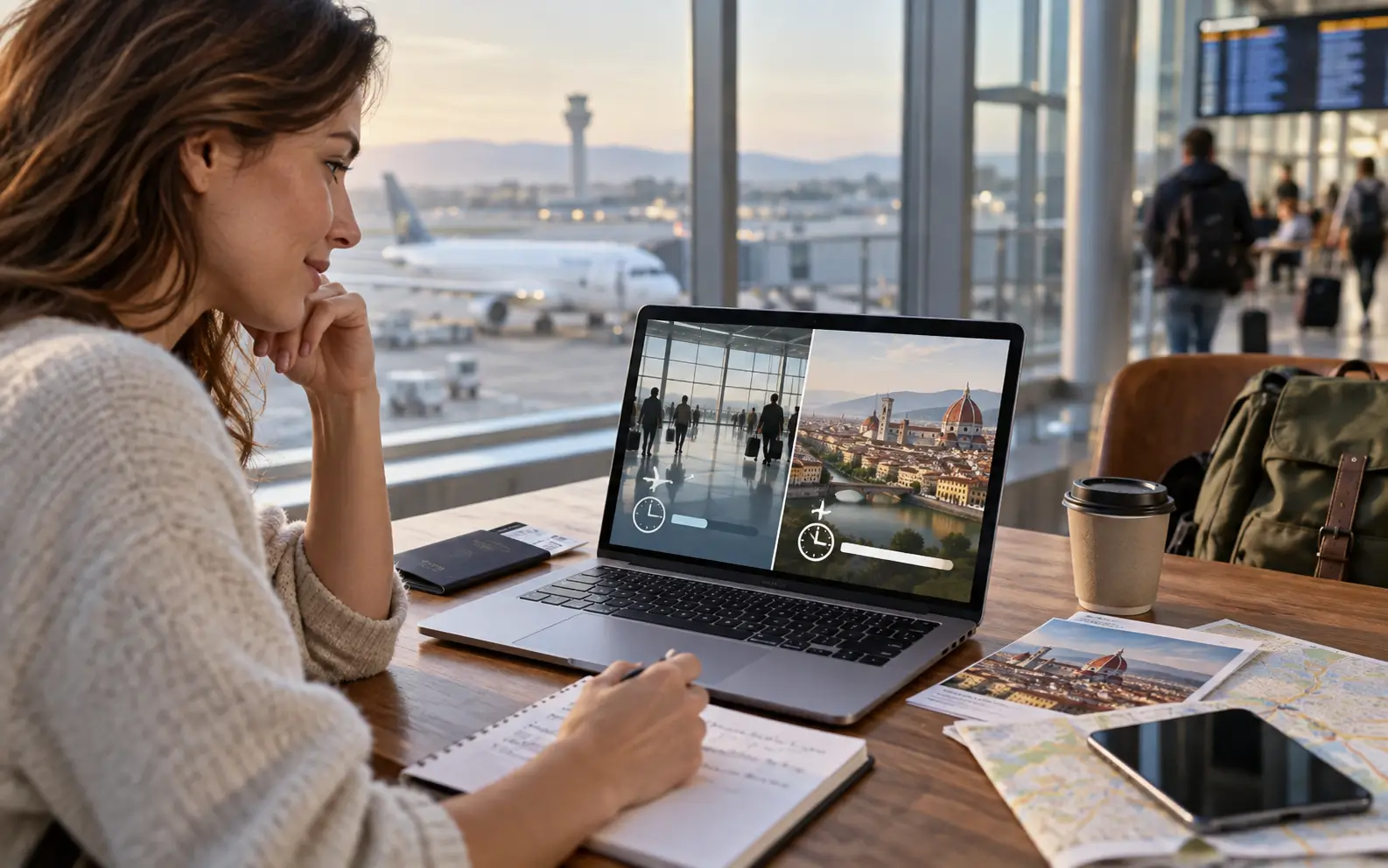 Traveler comparing a short airport layover with a longer planned city stopover