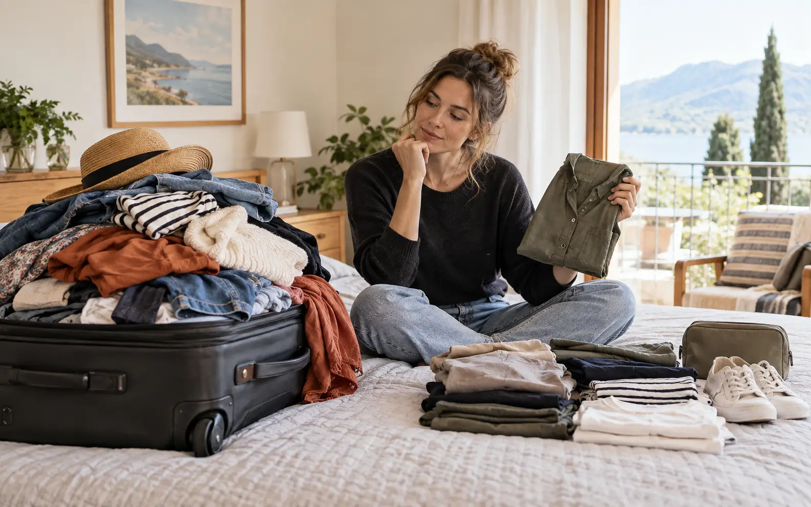 Traveler comparing an overfilled suitcase with a smaller selection of versatile travel clothes