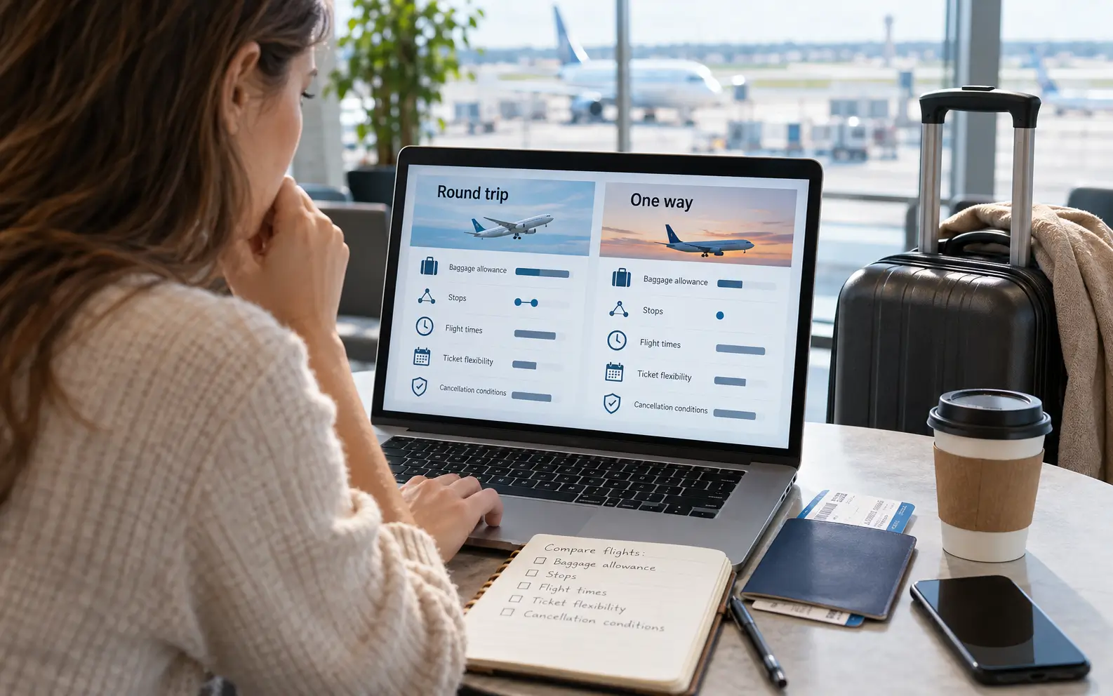 Traveler comparing baggage allowance, stops, flight times, ticket flexibility, and cancellation conditions
