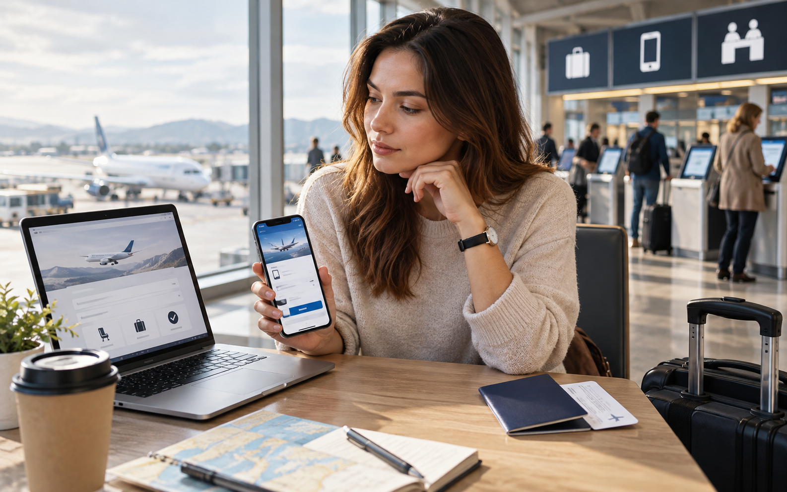 Traveler comparing online, mobile app, and airport flight check-in options