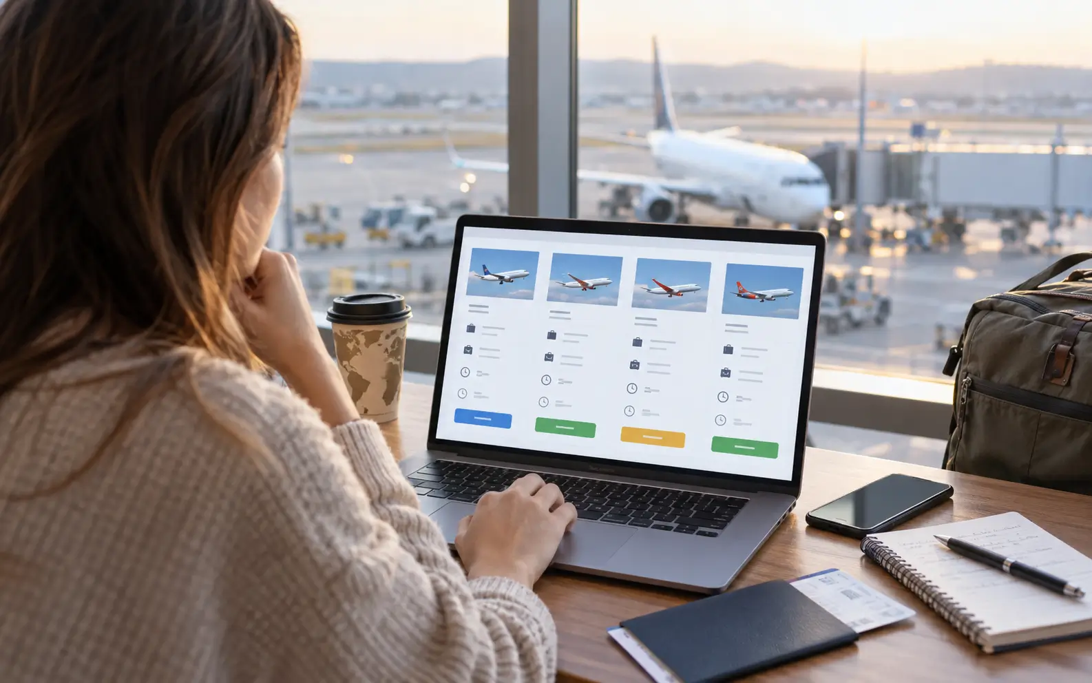 Traveler comparing several airlines, prices, baggage allowances, schedules, and total travel times