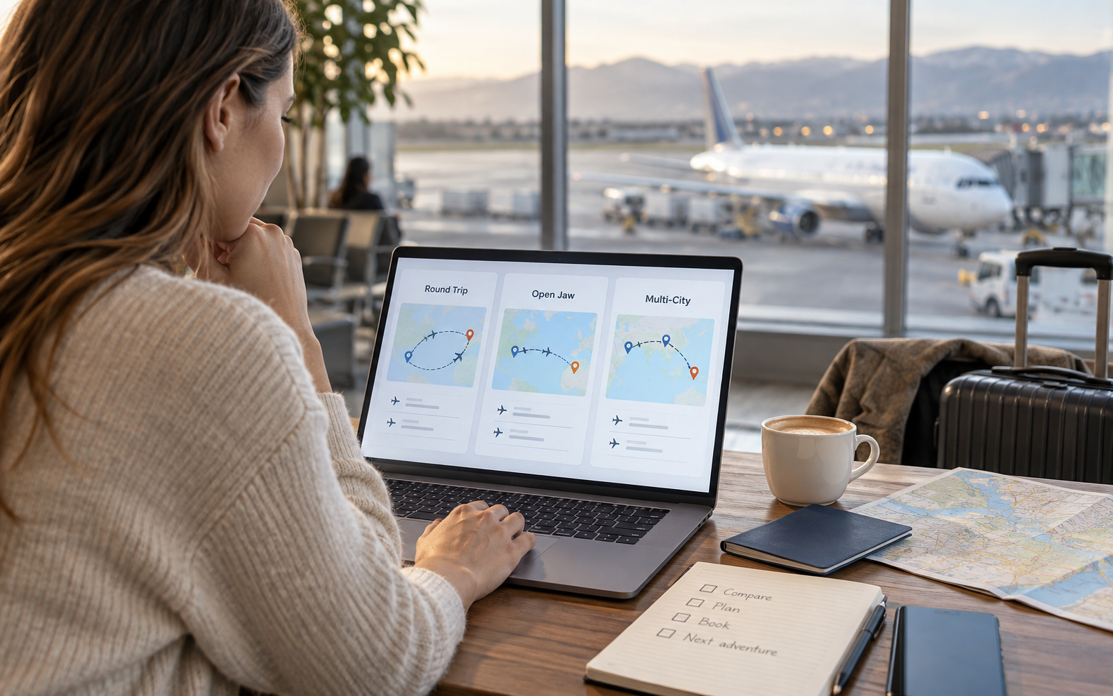 Traveler comparing traditional round-trip, open-jaw, and multi-city flight options