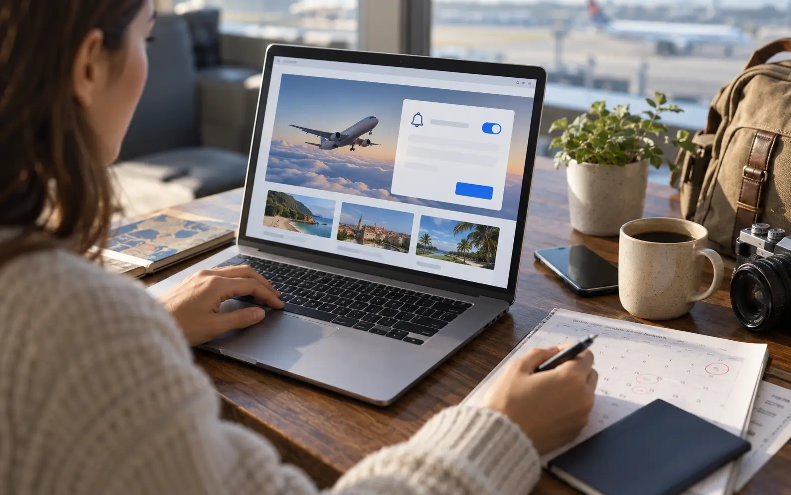 Traveler creating a flight price alert while reviewing flexible dates on a laptop
