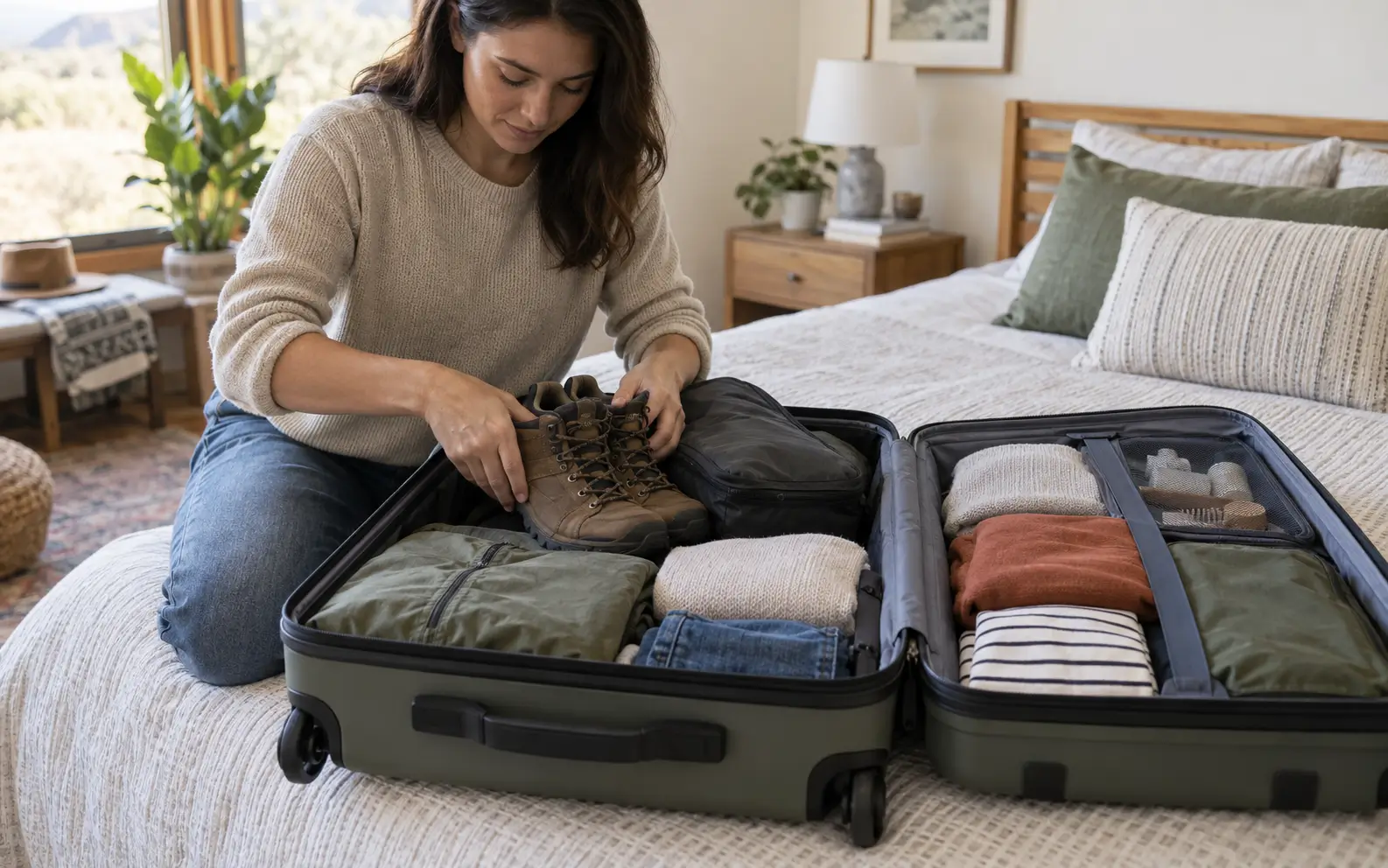 Traveler distributing heavy, medium, and light items evenly inside checked luggage
