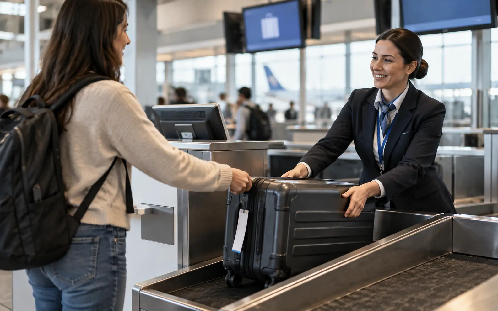 Traveler handing over a suitcase at an airline baggage-drop counter after completing check-in