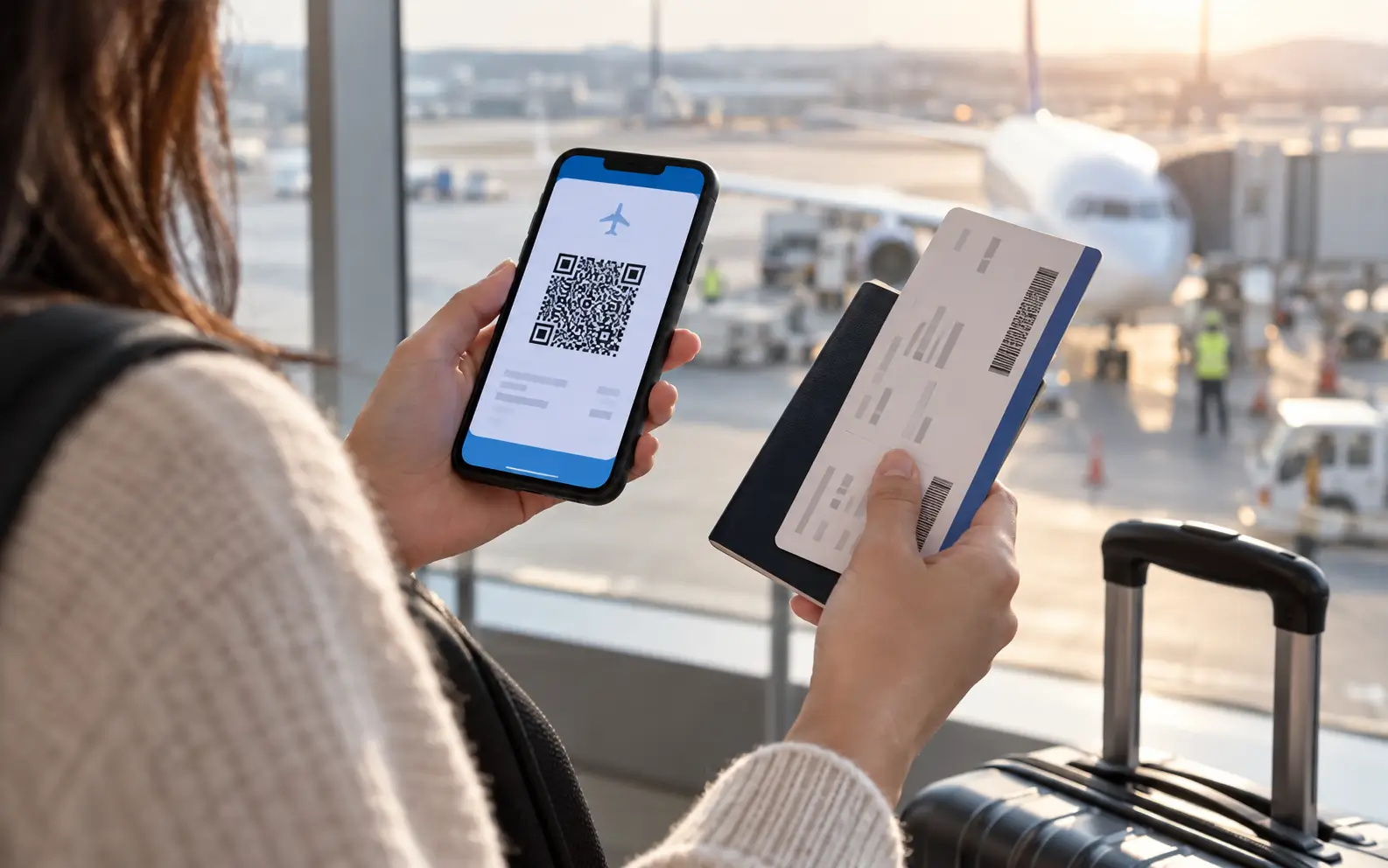 Traveler holding a digital boarding pass on a phone beside a printed boarding pass and passport