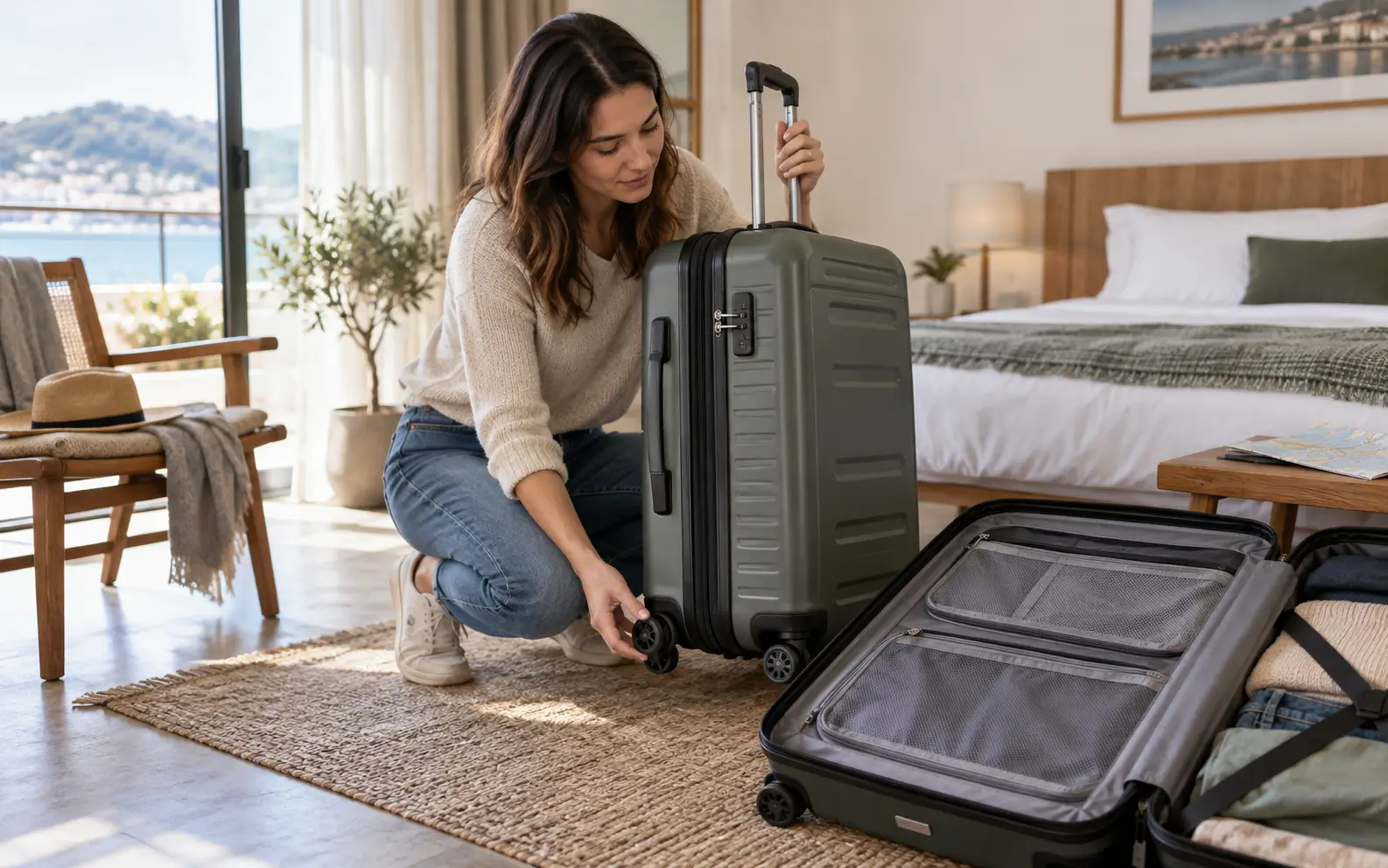 Traveler inspecting suitcase wheels, handle, zippers, lock, and interior compartments