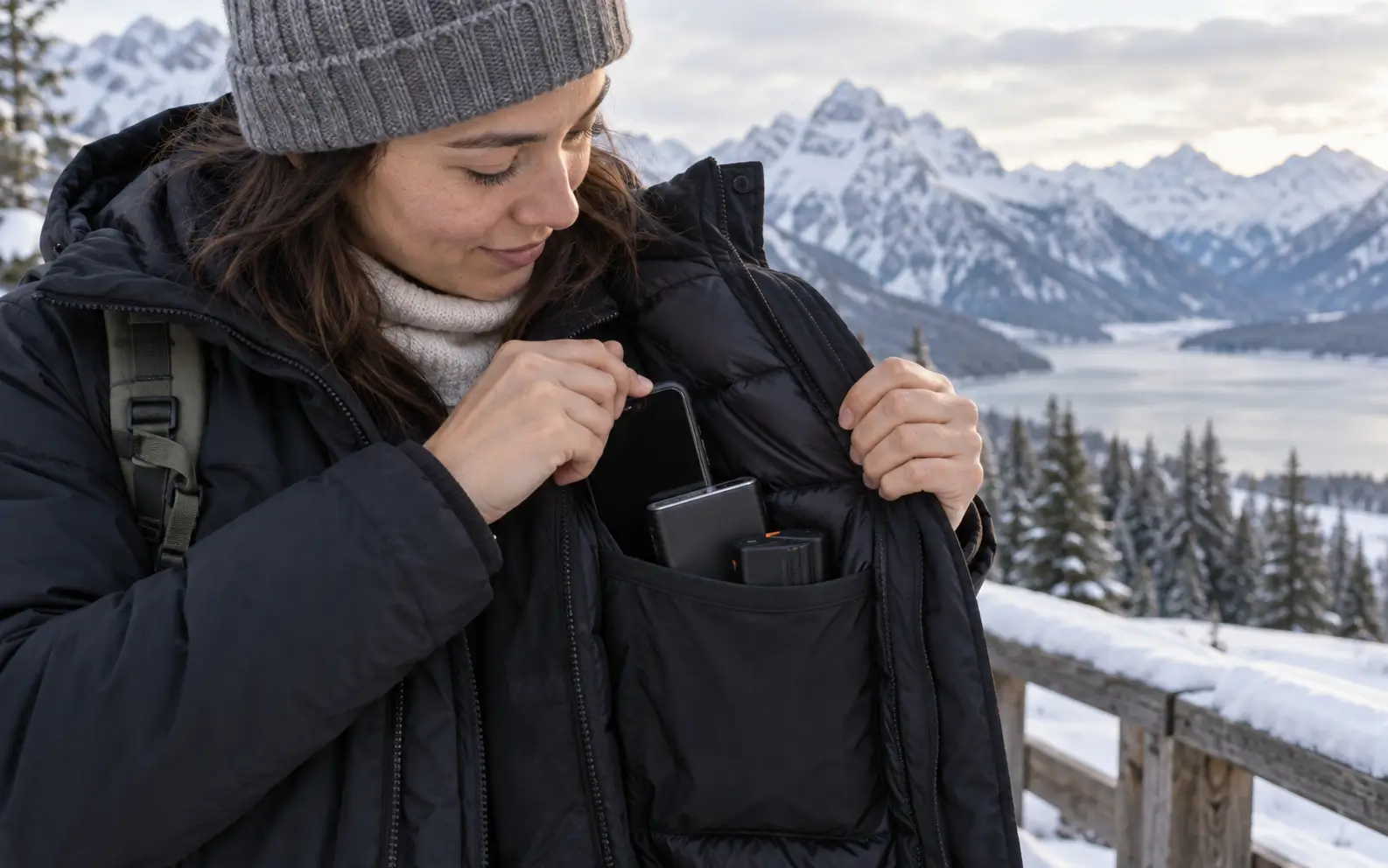 Traveler keeping a phone, camera batteries, and power bank warm inside an inner jacket pocket