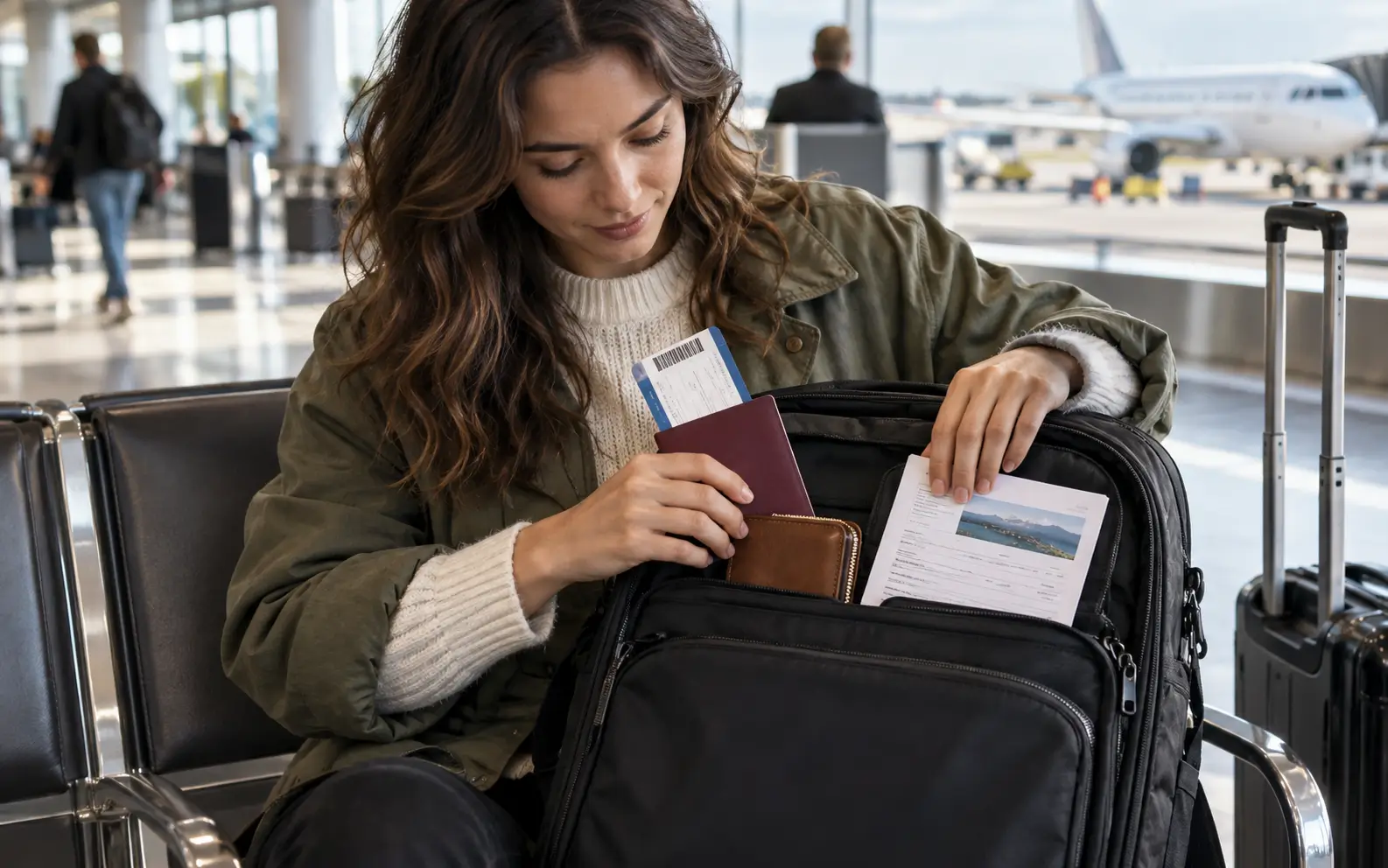 Traveler keeping passport, boarding pass, wallet, and reservation details easy to reach