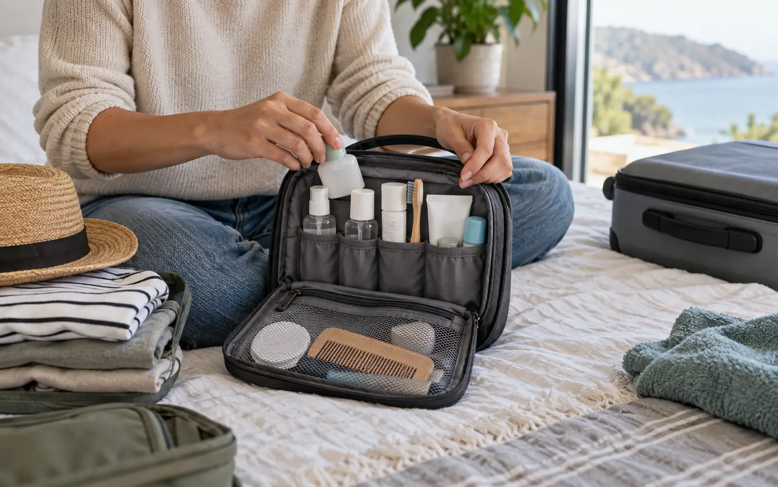 Traveler organizing everyday toiletries inside one dedicated travel bag