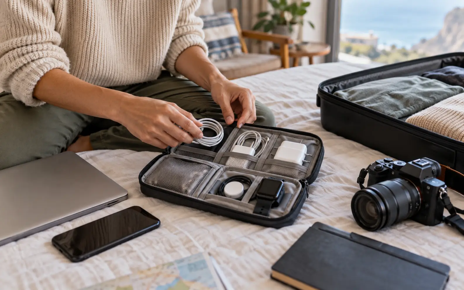 Traveler organizing phone, laptop, camera, and smartwatch chargers in one pouch