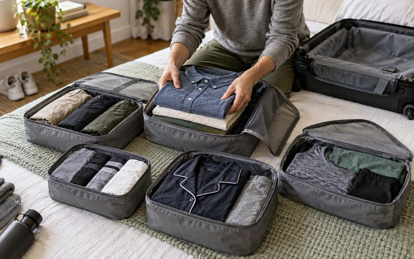Traveler organizing shirts, trousers, underwear, sleepwear, and workout clothes into separate packing cubes