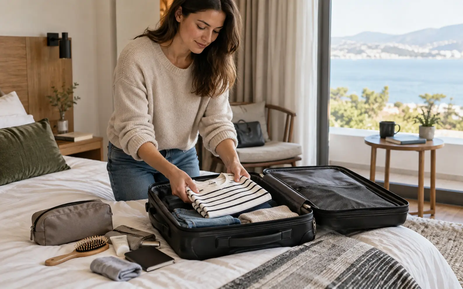 Traveler packing one clean change of clothes into a cabin bag