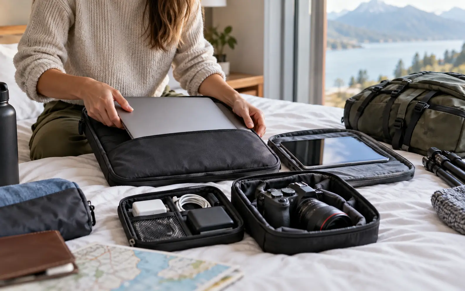 Traveler placing laptop, tablet, camera, and chargers into padded protective cases