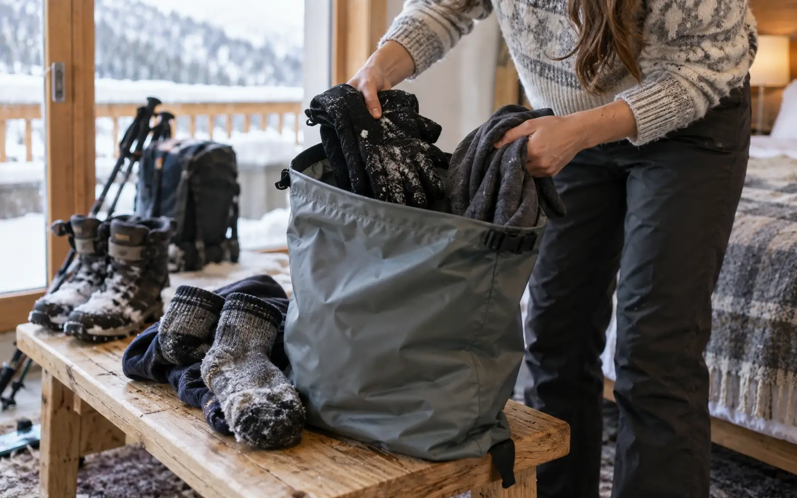 Traveler placing wet gloves, snow-covered socks, and damp base layers inside a waterproof laundry bag