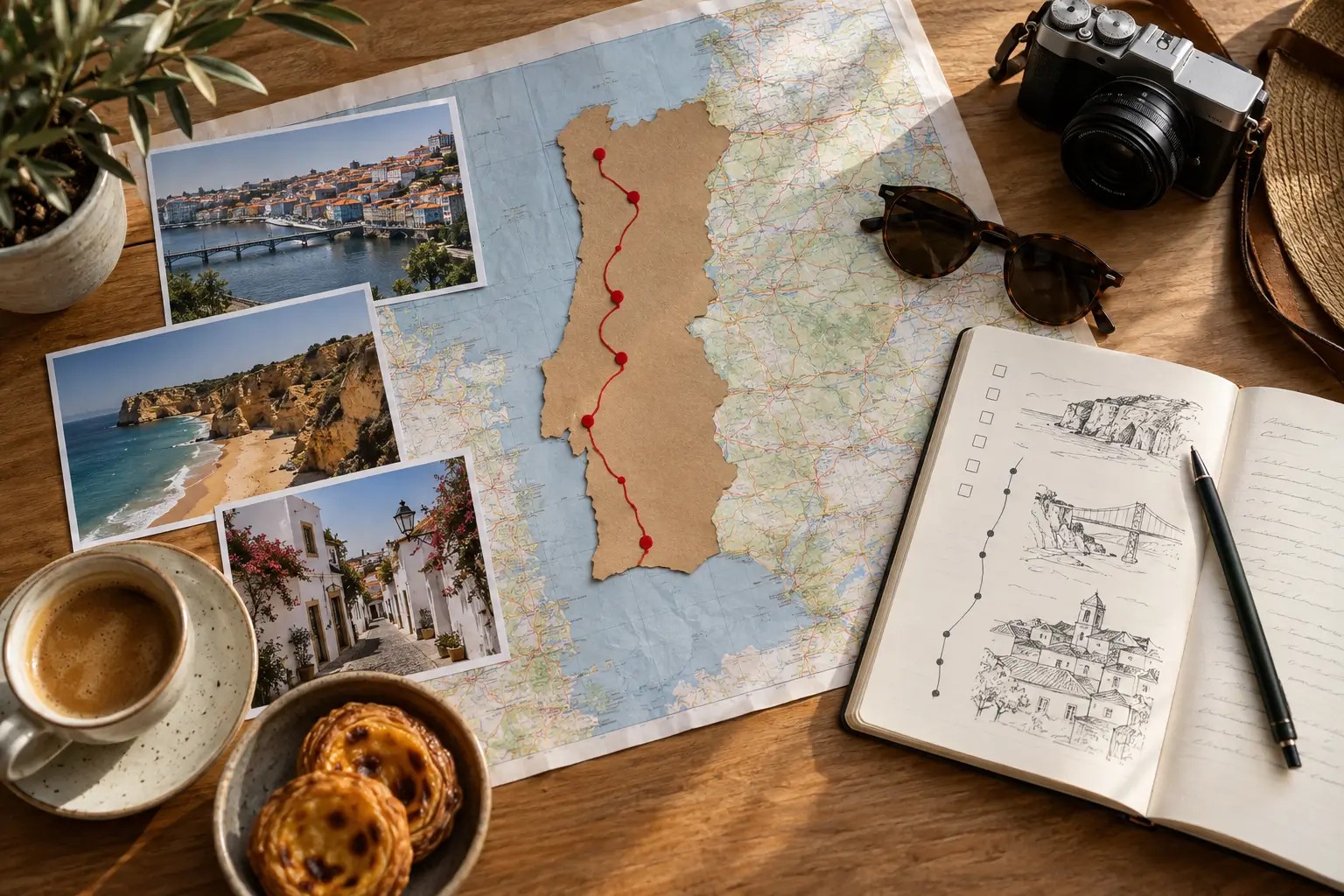 Traveler planning a Portugal route with a map, calendar and travel notebook