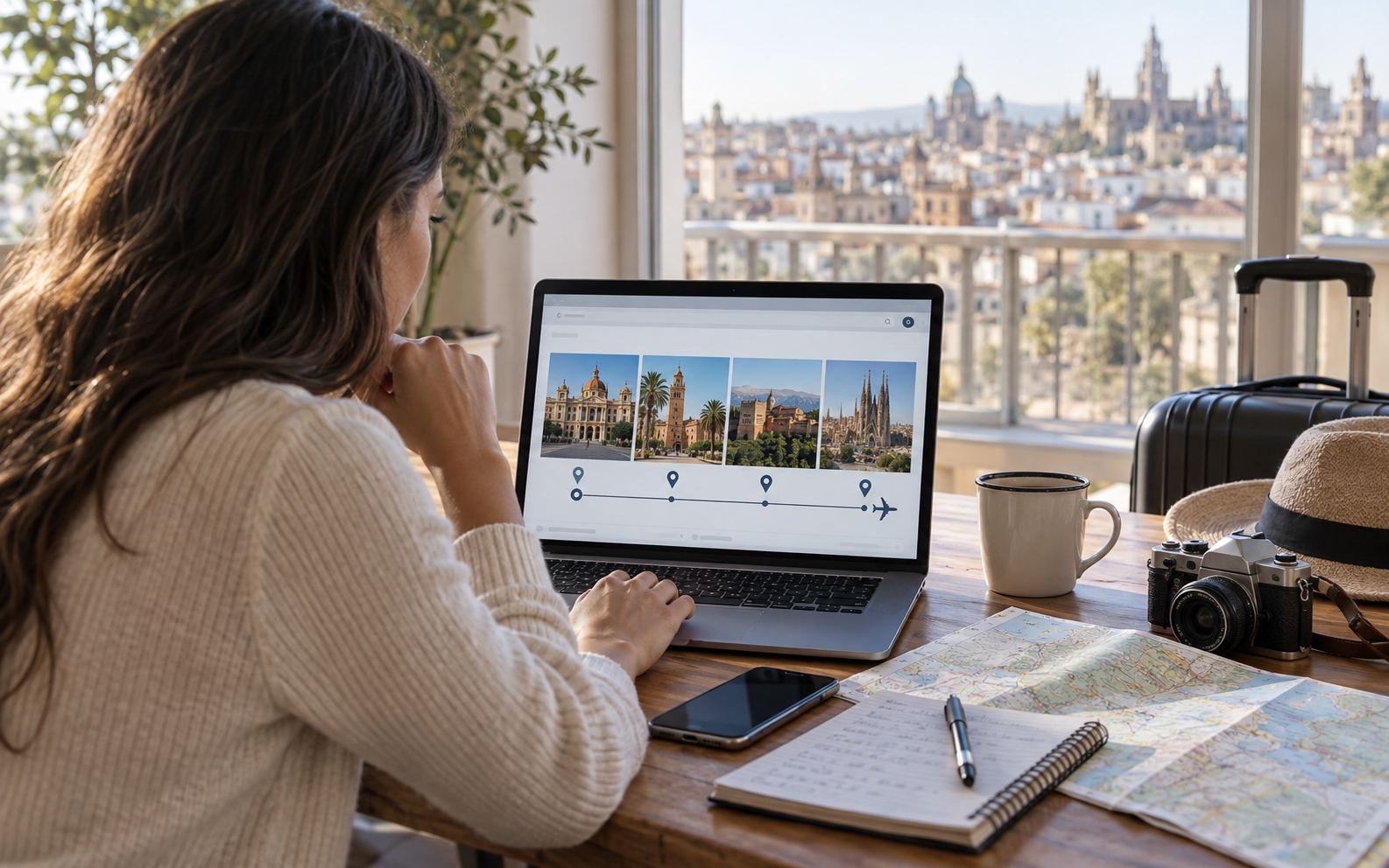 Traveler planning a one-direction route through Madrid, Seville, Granada, and Barcelona