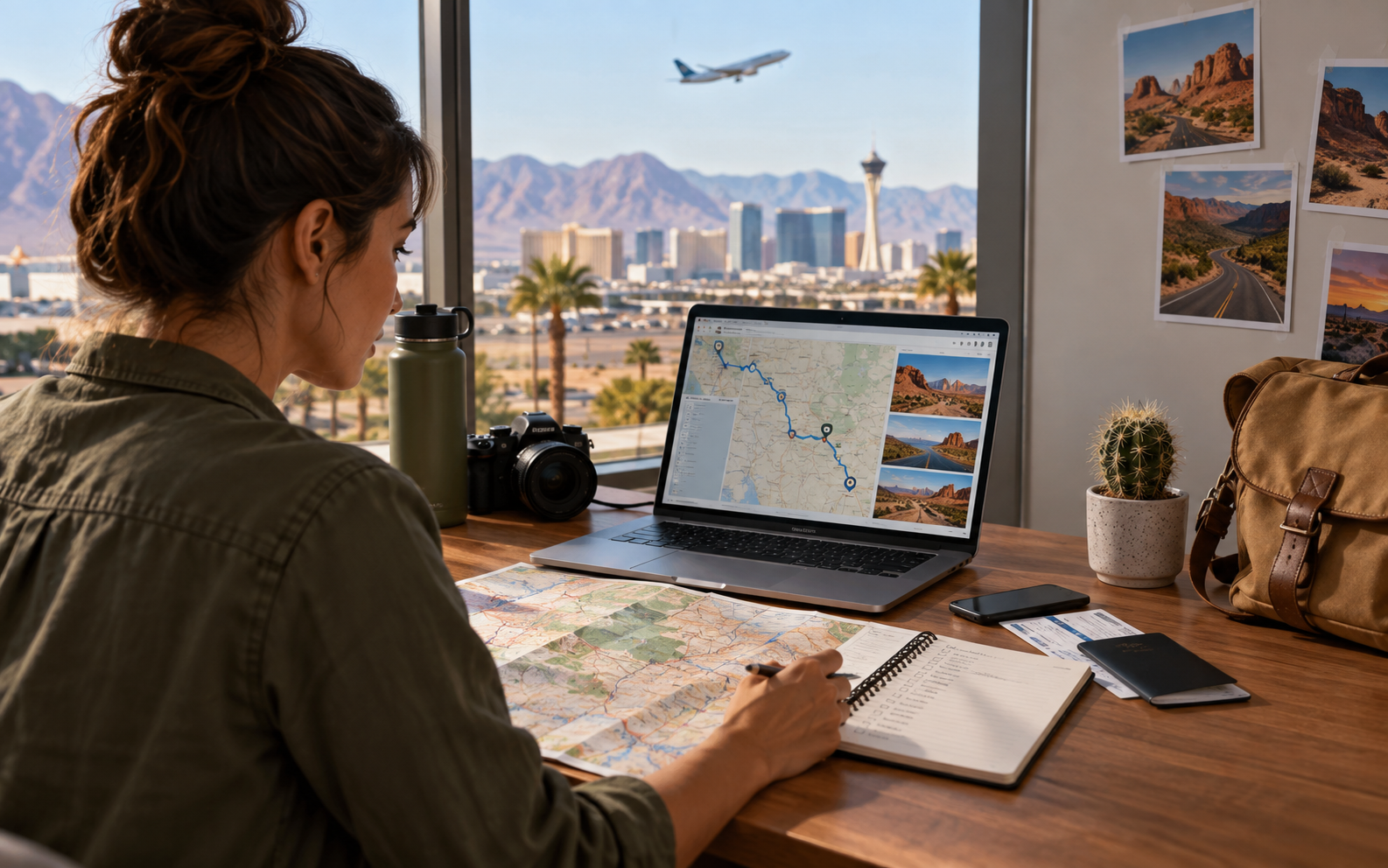 Traveler planning a road trip from Las Vegas through national parks to Phoenix with flights at both ends