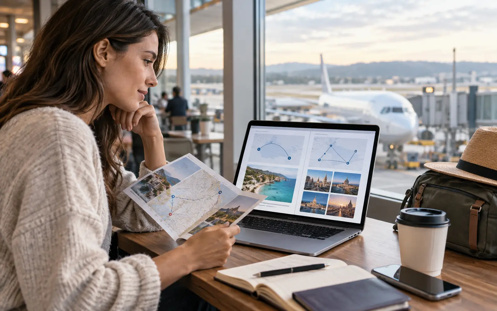 Traveler reviewing a fixed vacation itinerary and a flexible multi-city route before choosing a ticket