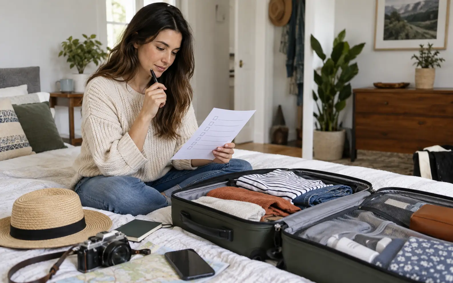 Traveler reviewing a packing checklist beside an open suitcase before leaving home