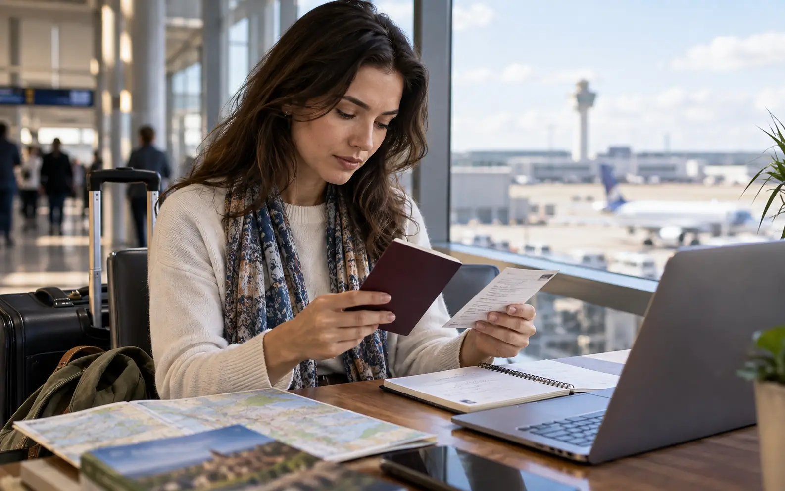 Traveler reviewing passport, visa notes, and entry requirements before leaving the airport during a stopover