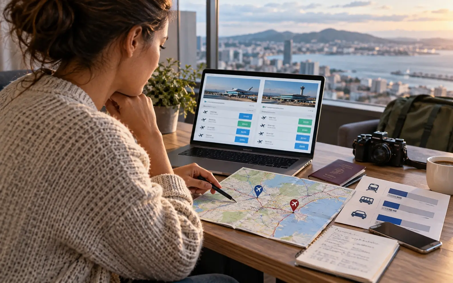 Traveler reviewing two nearby airports on a map while comparing flight prices and ground transport