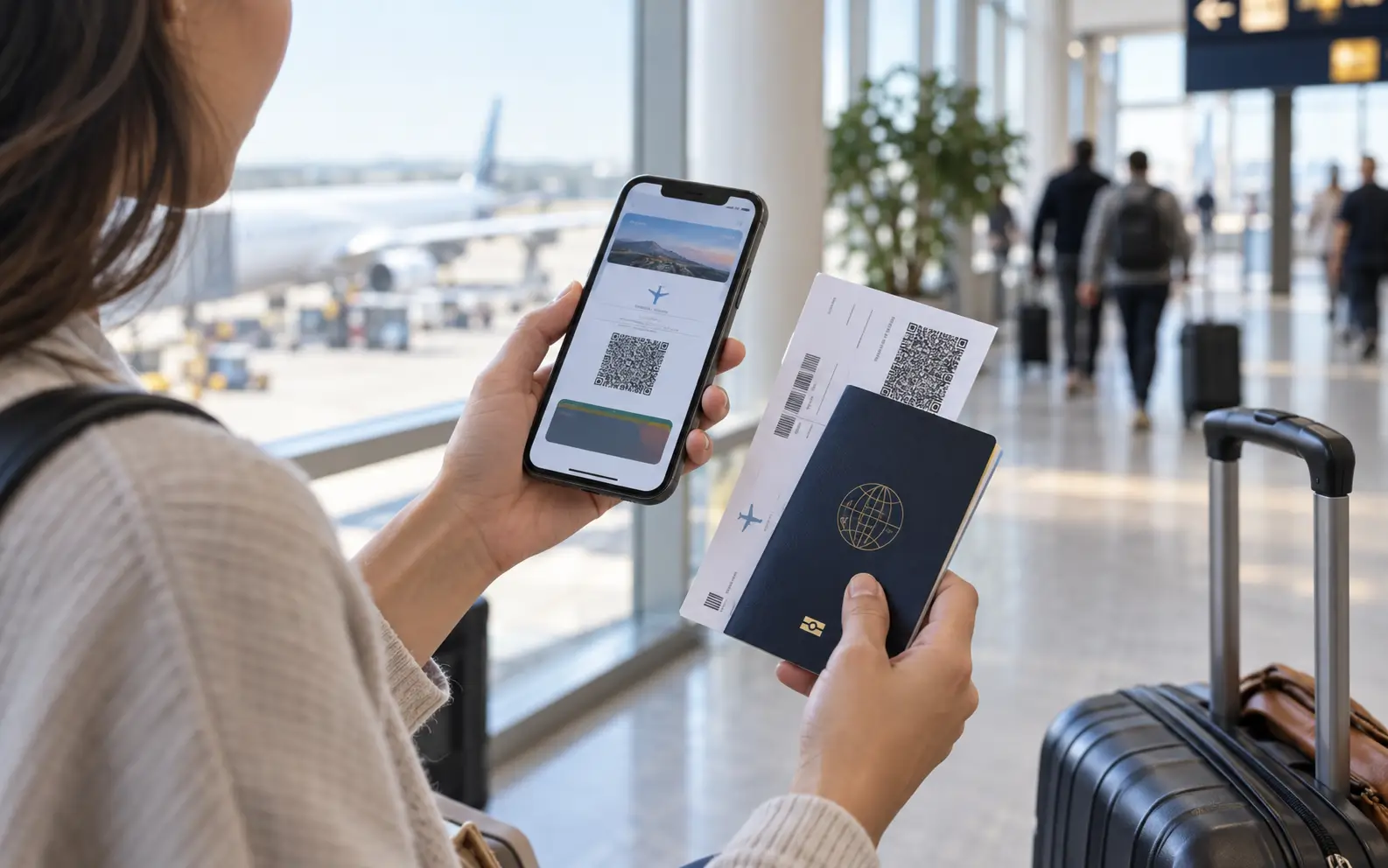 Traveler saving a boarding pass to a phone wallet and keeping a printed backup with a passport