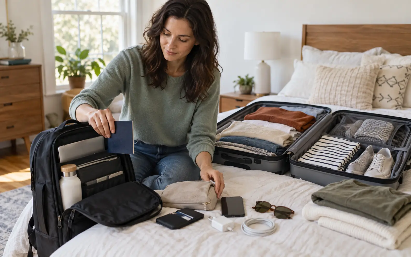 Traveler separating important carry-on essentials from checked luggage items