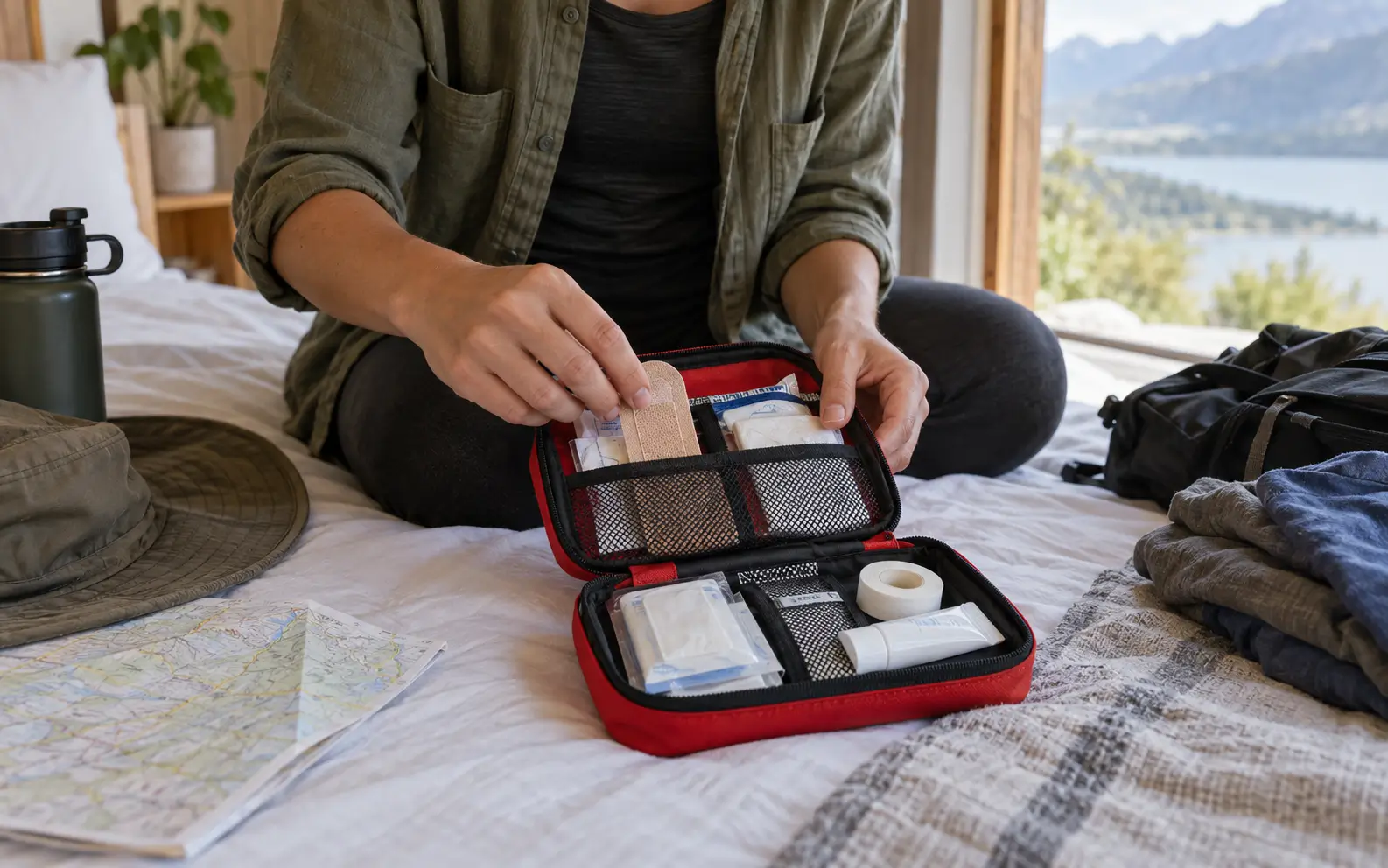 Traveler separating prescription medicine and journey essentials for a carry-on bag