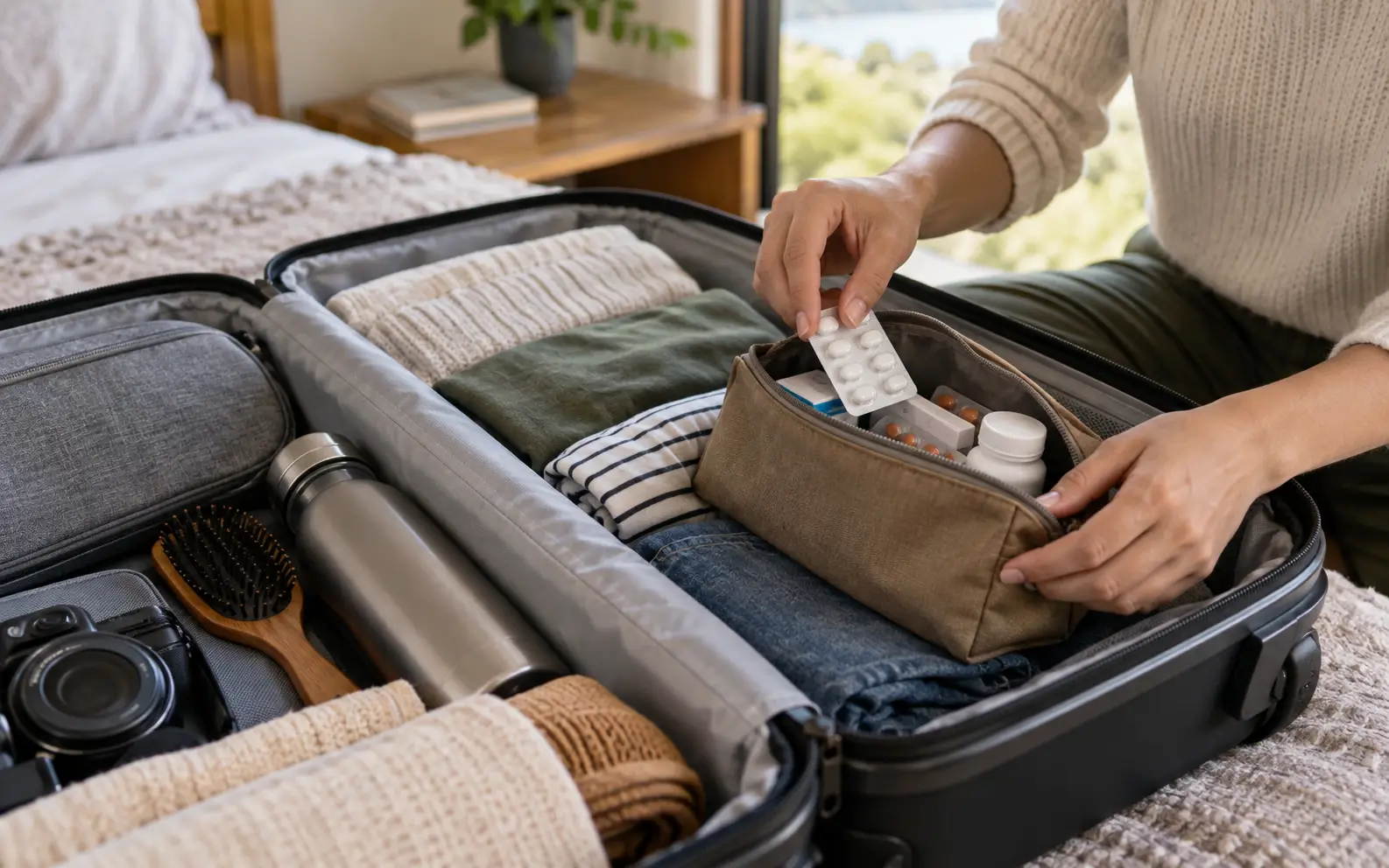 Traveler storing medicines in original packaging inside a cool dry section of luggage