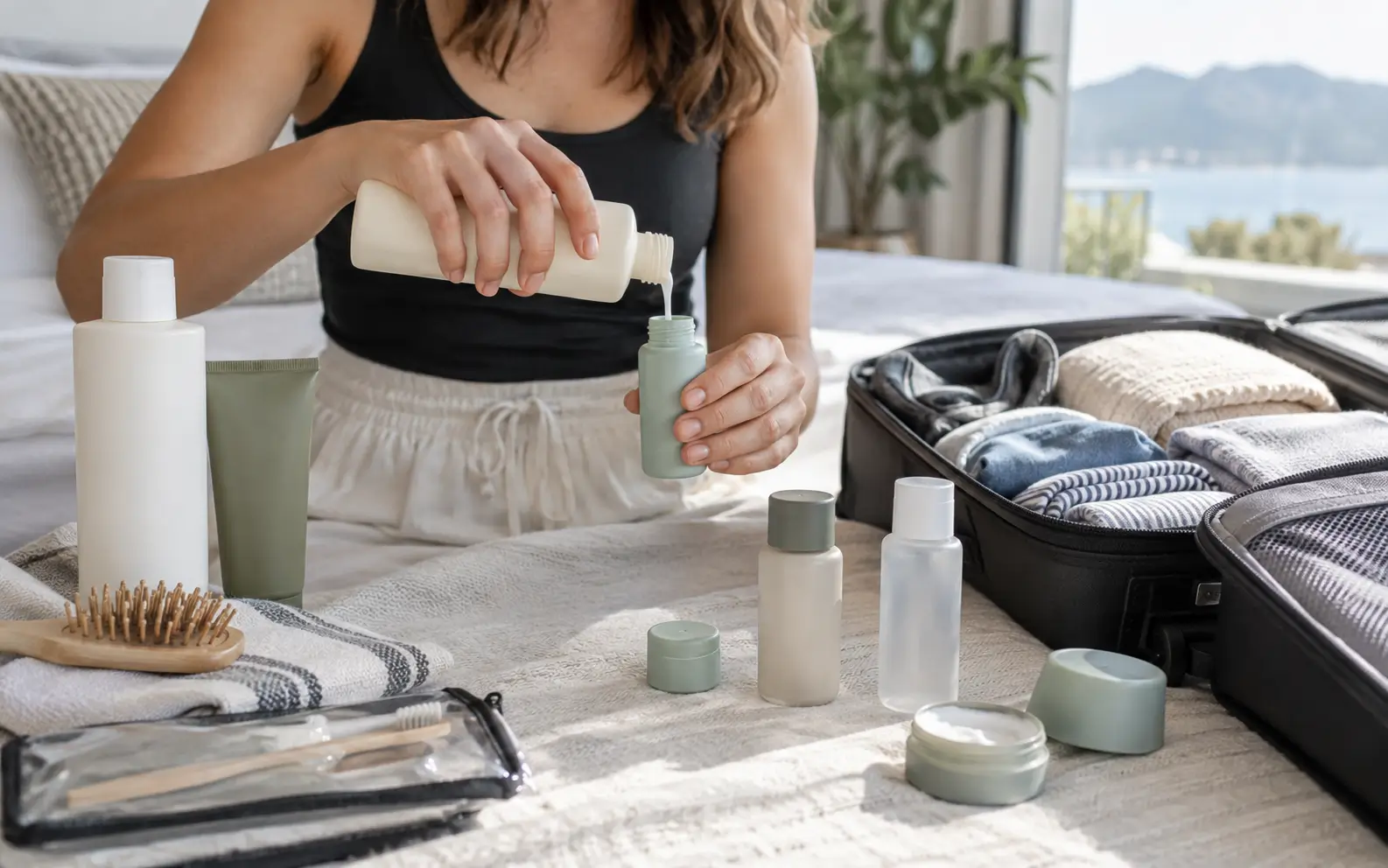 Traveler transferring shampoo, conditioner, and skincare products into small travel containers