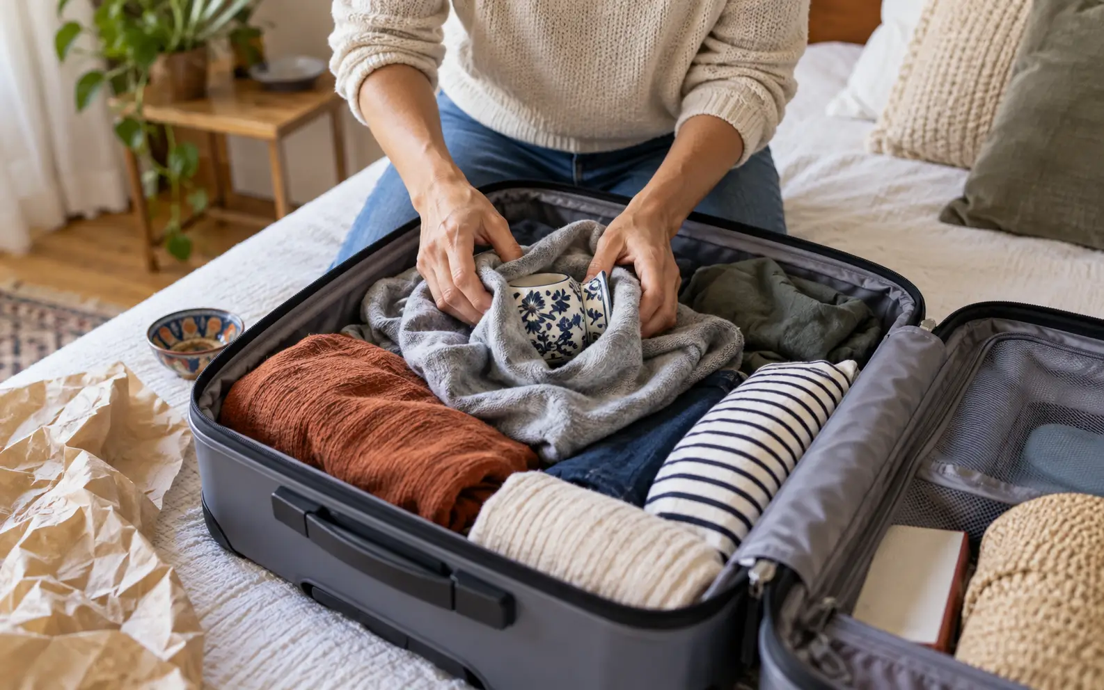 Traveler wrapping fragile souvenirs in clothing inside the center of a suitcase