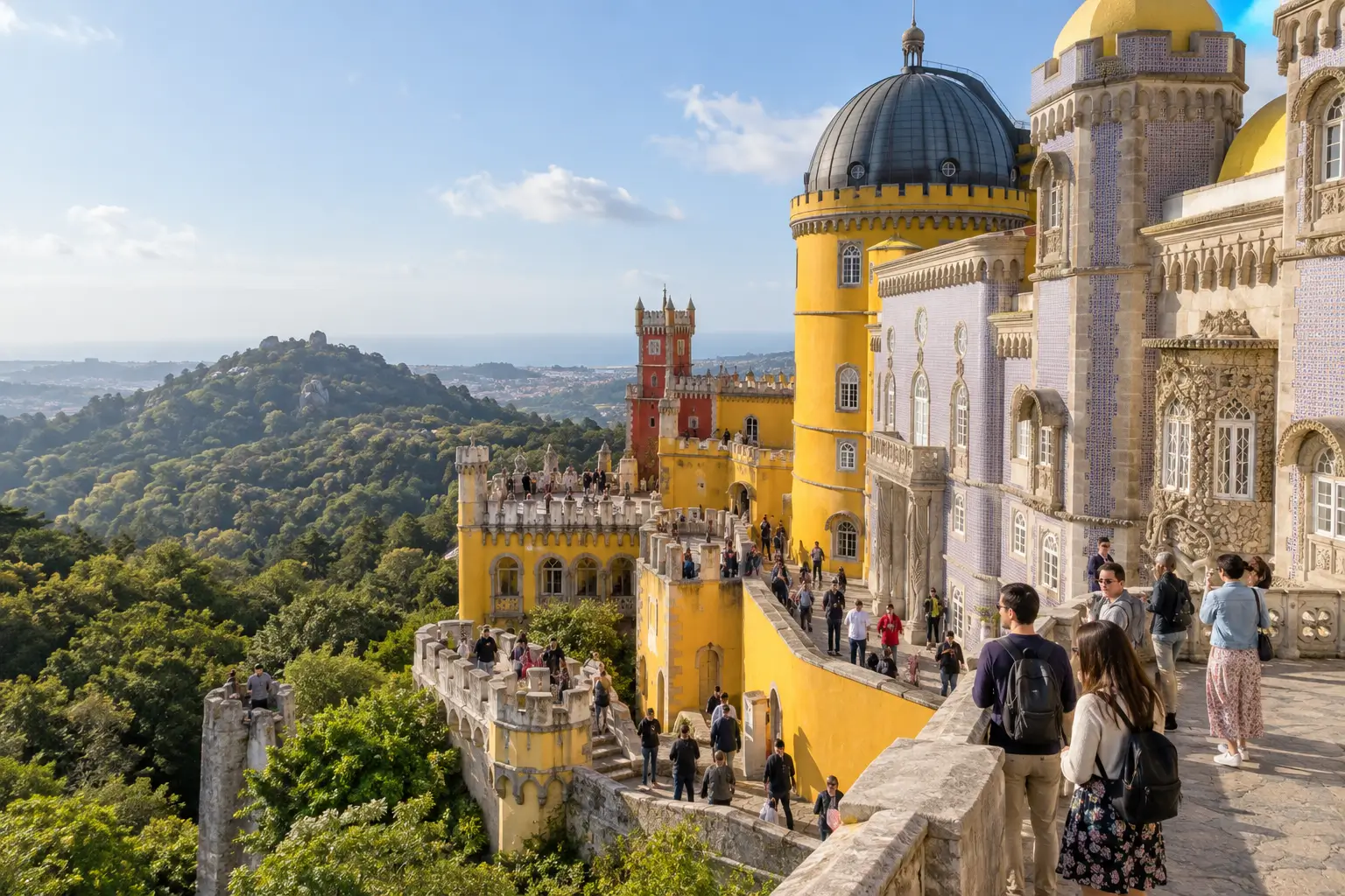 Visitors exploring colourful Pena Palace during a full Sintra day trip