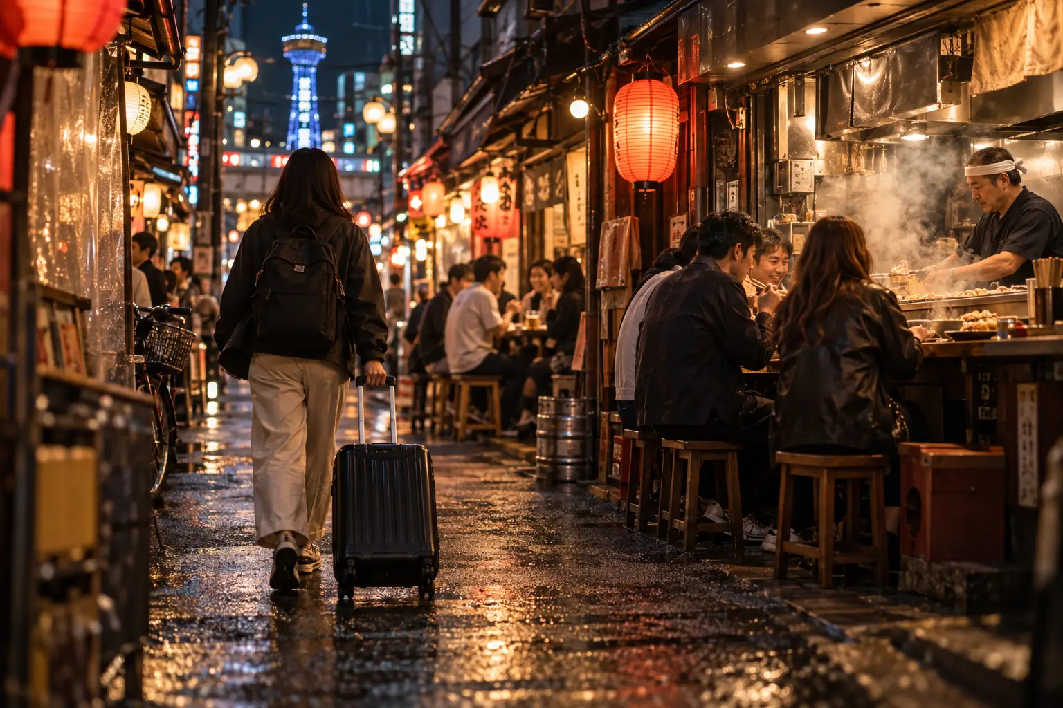 Warm lantern-lit food alley in Osaka at night