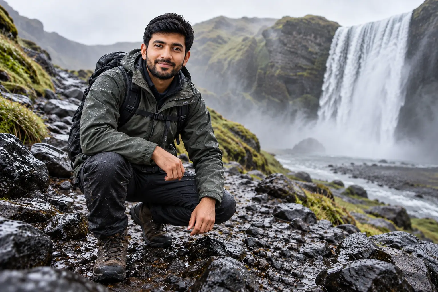 Waterproof hiking footwear on a wet Iceland trail near a waterfall