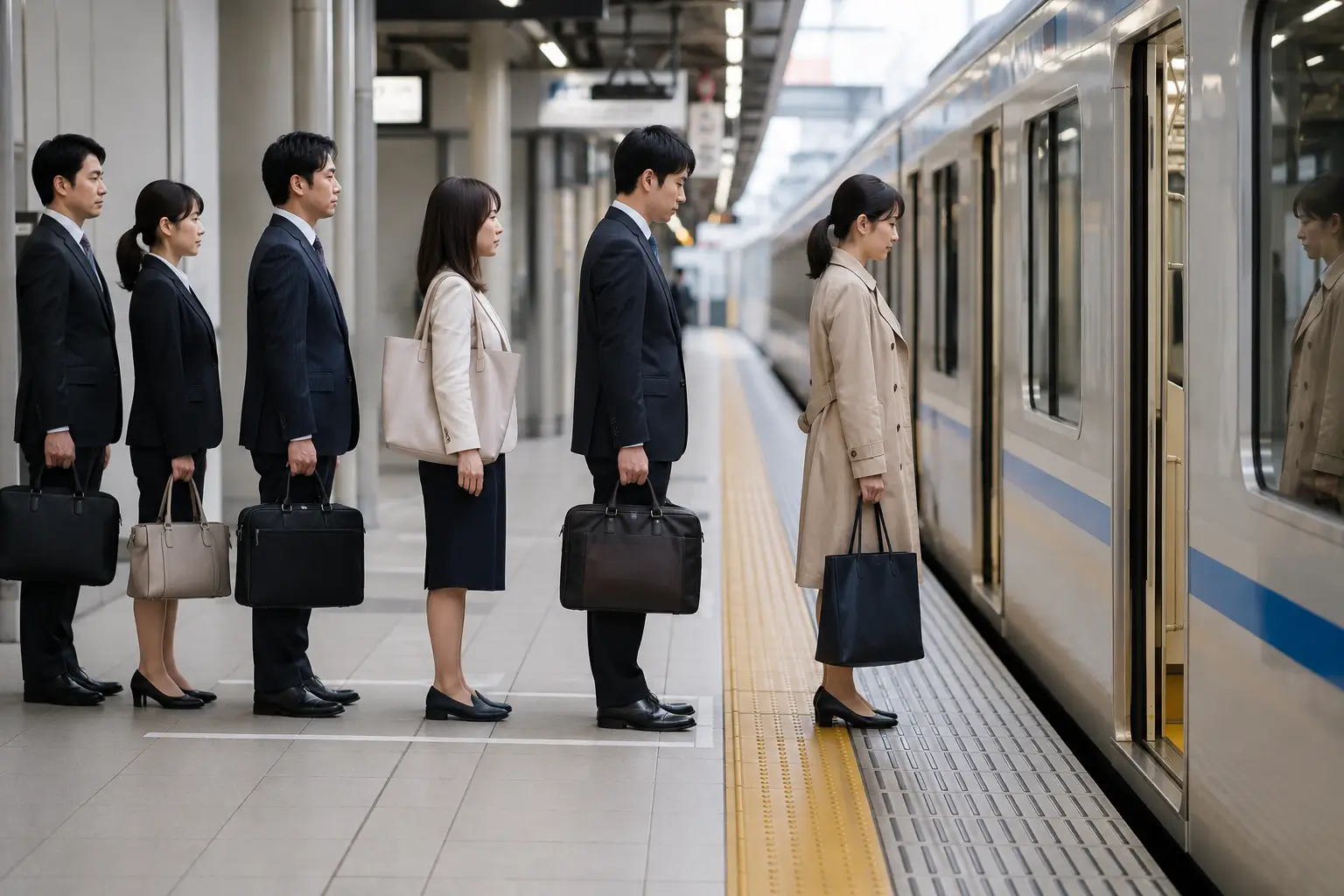 Orderly passengers following train etiquette in Japan