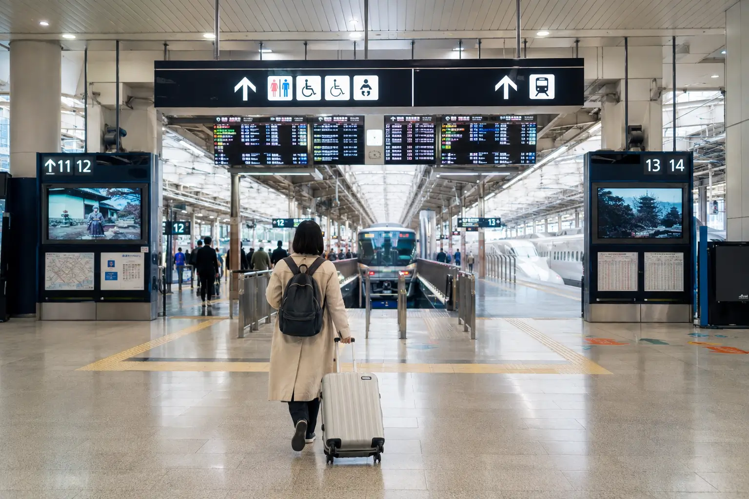 Traveler navigating signs and platforms inside a Japanese train station